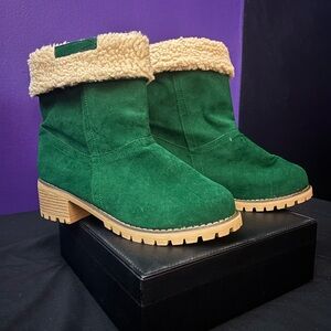 Green Suede Women's Boots with Faux Fur Lining